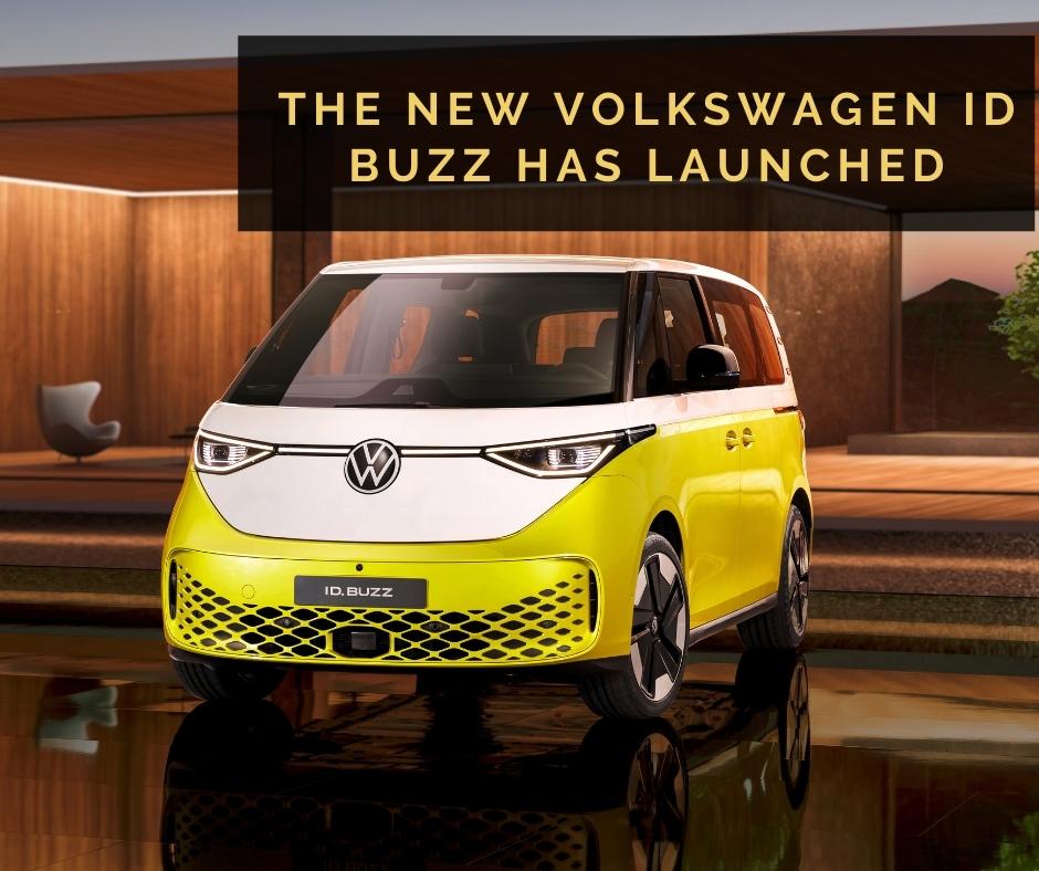 Yellow VW ID Buzz with the blog post title "The New Volkswagen ID Buzz Has Launched" overlaid