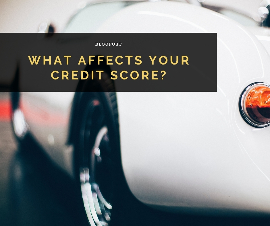 White classic car with the blog post title "What Affects Your Credit Score" overlaid