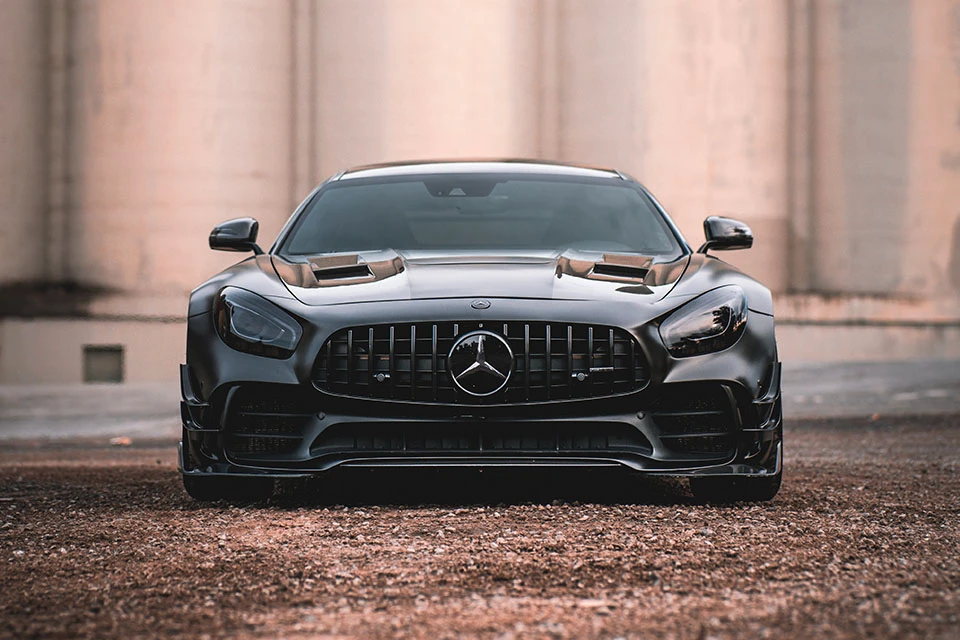 Front view of a black Mercedes AMG